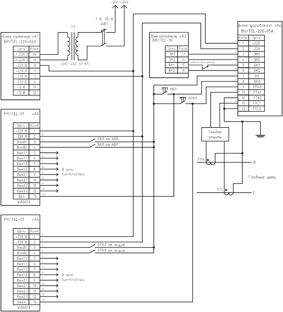 Пример применения платы PR/TEL-220-01 совместно с BU/TEL-220-05A в схеме на переменном оперативном токе